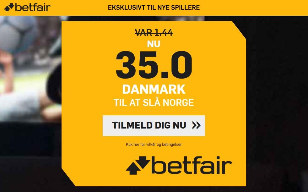 Betfair tilbud: Odds 35.00 på Danmark sejr over Norge