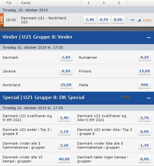 Danmark - Nordirland U21 odds hos Oddset