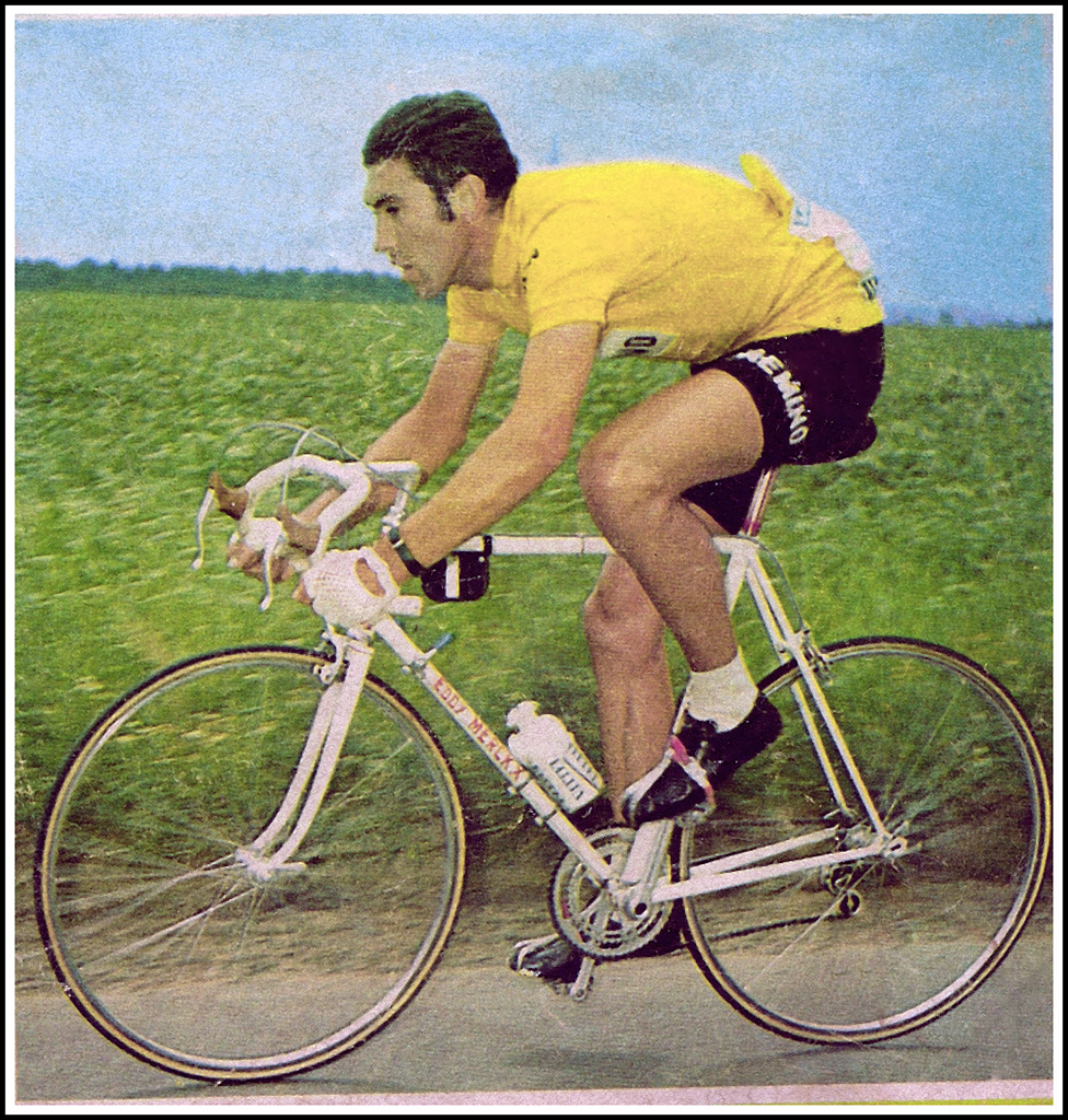 Eddy Merck i Den Gule Trøje i Tour de France 1970 på sin Guiseppe Pela-cykel.
