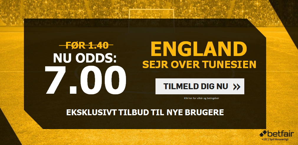 Få odds 7.00 på England-sejr mod Tunesien - VM 2018 Tilbud