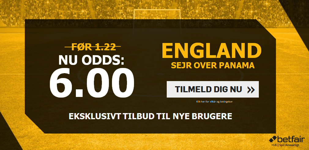 Få odds 6.00 på England-sejr mod Panama - VM 2018 tilbud