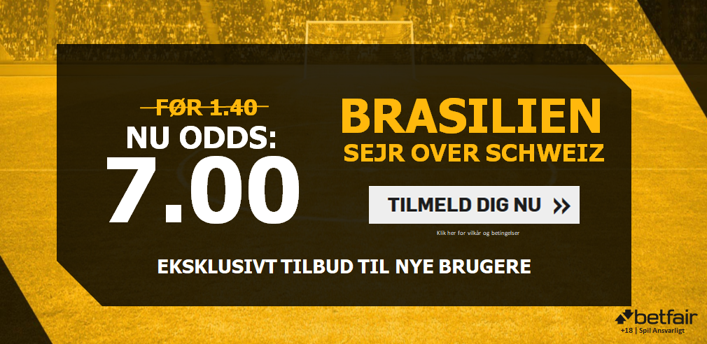 Få odds 7.00 på Brasilien-sejr mod Schweiz - VM 2018 Tilbud