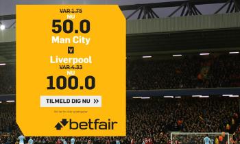 Manchester City - Liverpool tilbud: Få odds 50.00 eller 100.00 på holdene